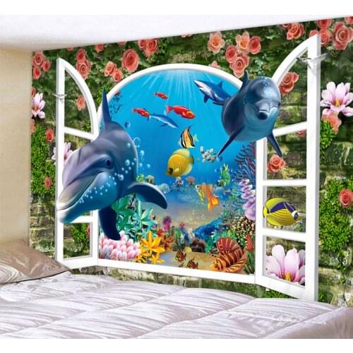 Dolphin Outside The Window Printed Tapestry Cheap Hippie Wall Hanging Bohemian Wall Tapestries Mandala Wall Art Decor
