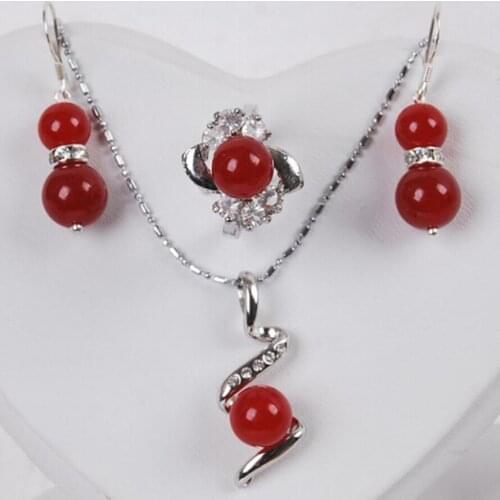 Charming Red Ruby Round Beads Ring Earrings Pendant Necklace set