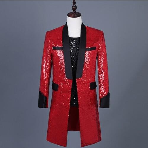 Autumn&winter Mid-long Jacket Red Sequins Blazer for Men Nightclub Party Wedding Suit Singer Stage Costume with Pocket