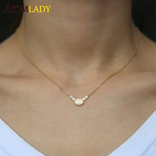 New Ellipse Opa cz Charm Necklace 925 Sterling Opal Jewelry Minimalist Single Setting Silver Thin Chain Necklace Fashion
