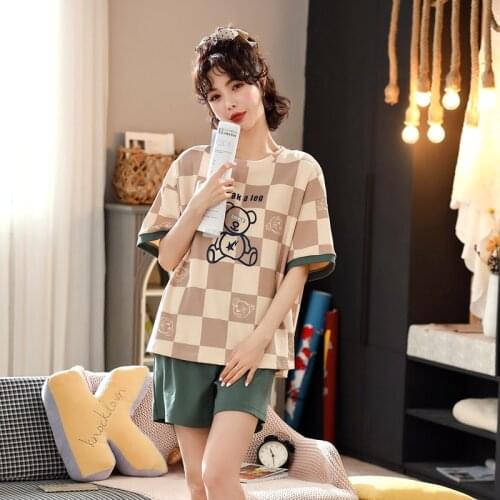 For Women 2021 Cotton Loose Leisure Short Sleeve Top Shorts Female Sleepwear Home Wear Clothes Summer New Plaid Style Pajama Set