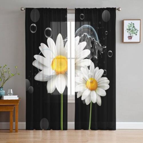 White Daisy Flower Waterdrops Sheer Curtains for Living Room Bedroom Kitchen Tulle for Windows Voile Drapes Home Decoration