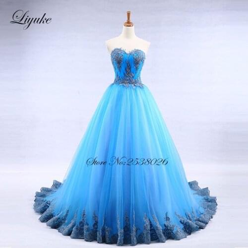 Liyuke Strapless A-Line Sky Blue Evening Dresses Elegant New Arrival Floor-Length Tulle With Beautiful Appliques