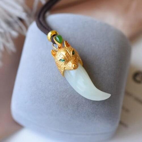 Domineering personality Wolftooth Natural white Jade pendant S925 silver natural gemstone Necklace girlfriend party gift jewelry