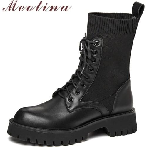 Meotina Motorcycle Boots Women Real Leather Shoes Med Thick Heels Ankle Boots Lace Up Round Toe Ladies Footwear Autumn Winter 40