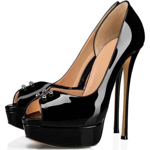 Moraima Snc Newest Black Patent Leather High Heel Shoes Woman Peep Toe Platform Pumps Sexy Thin Heels Party Dress Shoes
