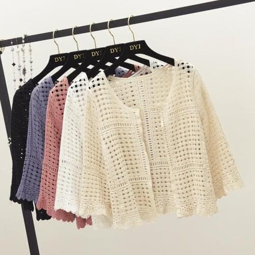 Female 2021 Korean Ladies Solid Color Hollow V-neck Knitted Cardigan Sweater Women Long Sleeve Thin Sun Protection Shirt Y99