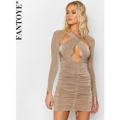 Fantoye Criss-cross Hollow Out Drawstring Women Dress Khaki Long Sleeve Backless Ruched Dress Ladies Summer Slim Party Clubwear