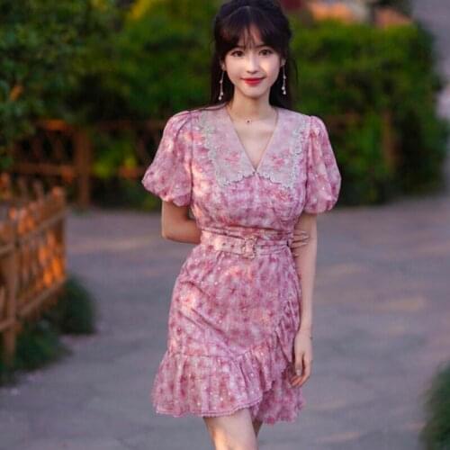 High Quality Fashion Runway Summer Dress Womens Retro Pink Cherry Blossom Polka Dot Mesh Dress Flounces Bubble Sleeves