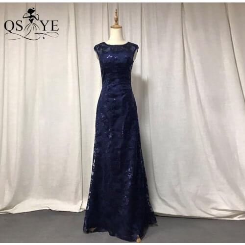 Open Back Evening Dress Mermaid Navy Prom Gown Sleeveless Sequin Party Dress Pattern Lace Formal Dress Scoop Cheap Women Gown
