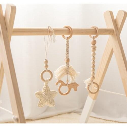 1set Pacifier Chain Wooden Pram Clip Baby Mobile Crochet Star Bell Beech Wood Teething Toy Baby Pacifier Chain Chewable Rattle