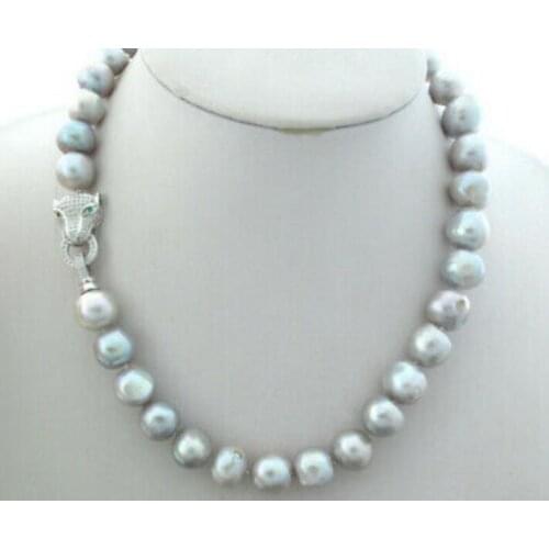 12-14mm Gray Baroque Freshwater Pearl Necklace 18" 36" CZ Leopard Clasp