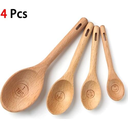 4PC/Set Wooden Beech Wood Coffee Scoops Measuring Spoon Baking Utensil Salt Wood Beech Tool Ladle Baking Tool Ladle Kitchen Tool