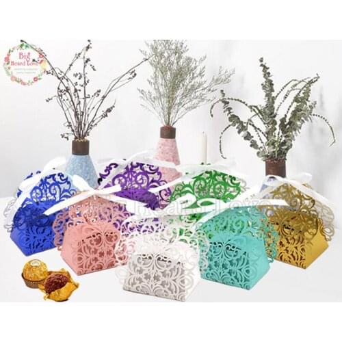 50pcs/lot metal golden/blue laser cut candy box with ribbon wedding party candy chocolate box baby shower party decoration