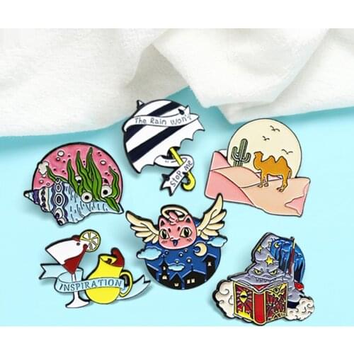 Juice Coffee Umbrella Wizard Brooches The Rain Won't Stop Me,Desert camel Conch Night elf Enamel Pin Brooch Lapel Badge Jewelry