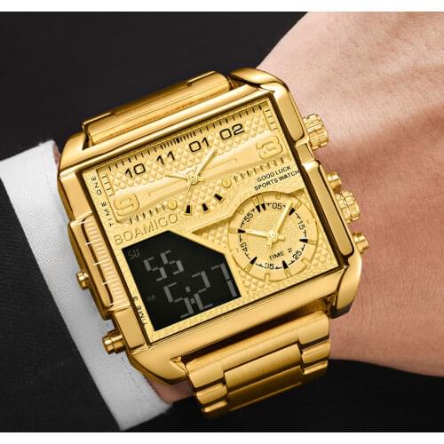 New Luxury Designer Fashion Men Watches Gold Stainless Steel Sport Square Digital Big Quartz Watch for Men Relogio Masculino