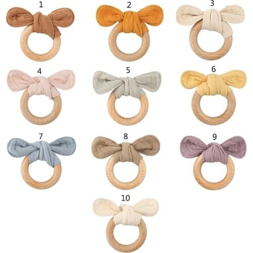 Baby Rabbit Ear Teether Safe Organic Wood Teething Ring Infant Nursing Training Montessori Toys Gift