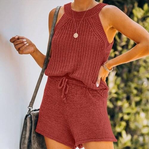 Knitted Loose Sleeveless Vest Shorts Women Suit O Neck Knit Top Drawstring Shorts Elegant Ladies 2 Piece Set Summer Casual Sets