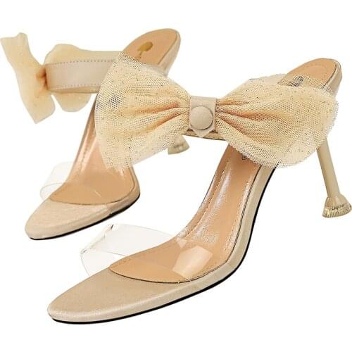 Korean version of elegance, womens slippers, thin heels, high heels, outdoor toe, lace up bows, lace up