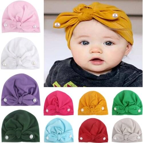 Toddler Round Bunny Ears Knotted Turban Hat Kid Pearl Bow Hat Children Girls Knotted Cap Clothing Accessories Christmas Gifts