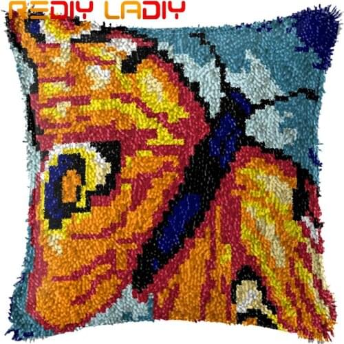 Latch Hook Cushion Colorful Butterfly Pillow Case Acrylic Yarn Sofa Pillow Printed Canvas Crochet Cushion Cover Arts & Crafts