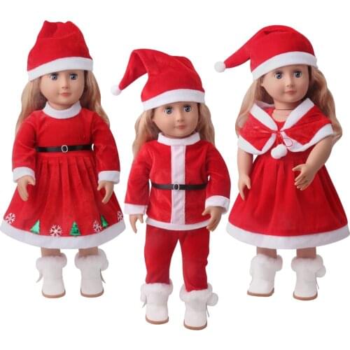 18 Inch Girls Doll Dress Winter Christmas Suit + Hat Flannel Fabric American Skirt Baby Toy Accessories Fit 43 CM Boy Dolls c951