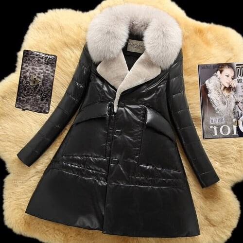2020 Womens genuine jacket, winter leather down jacket with fox fur collar, long sheepskin coat, chaqueta Mujer