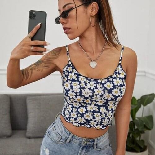 Girls Sweet Cropped Spaghetti Strap Tank Tops Print Cami Sexy Womens Clothing Streetwear Crop Tops Slim Femme Fitness