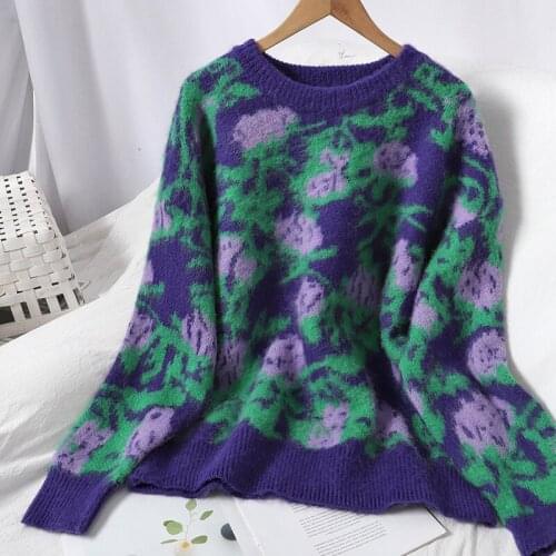 Sweet Contrast Printed Thin Sweater For Women Winter Wear Korean Pullover Crew Neck Versatile Knitted Top