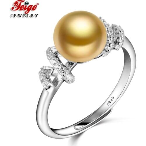 Fashion Cubic Zirconia Pearl Rings for Women Anniversary Jewelry 8-9MM Golden Freshwater Pearl 925 Sterling Silver Ring FEIGE