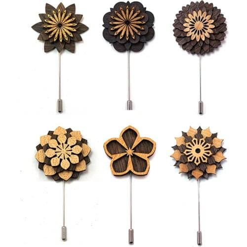 Linbaiway Mens Wooden Brooches for Men Flower Brooches for Wedding Handmade Gentlemen Long Badge Wood Brooch Female Corsage
