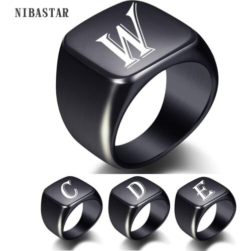 Personalised Initial Men Ring Engrave White A to Z Alphabet Stainless Steel Signet Blank Plain Ring Band Black Tone U.S.Size