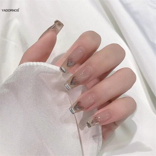 24pcs Nail Extension Forms Tea Color Heart Shape Wear Long Paragraph Fashion Manicure Patch False Nails Wearable Nail Patch Ty