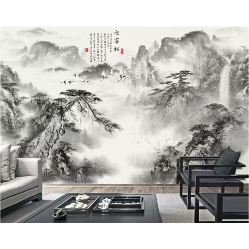 Chinese wallpaper mural ink welcoming pine mountain water waterfall home improvement TV background wall murals 3d wallpaper
