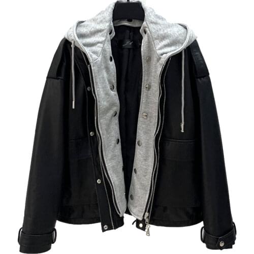 2021 New Leather Leather Clothes Womens Fake Two-piece Hooded Loose Leather Jacket Sheep Leather Casual Coat Fashion