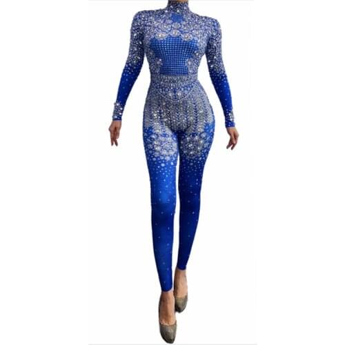 New Sexy Stage Rhinestones Blue Stretch Jumpsuit Singer Stage Performance Costume Birthday Celebrate Crystals Leotard Dress