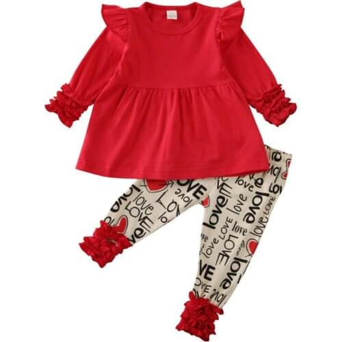 Girl Clothes 2020 Toddler Kids Baby Girls Valentine Clothes Ruffle Long Sleeve Tops Dress+ Love Print Pants Outfit