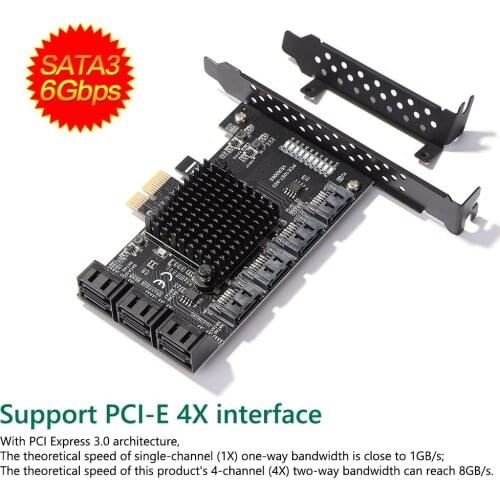 PCI-E to 10 Ports SATA3.0 4X Expansion Card PCI Express 3.0 GEN3 Adapter 6000 (MB/s) AS Media ASM 1166 Master PCB Black