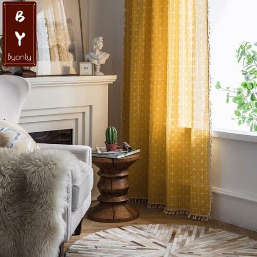Simple Polyester Cotton Geometric Lines Yellow Checkerboard Tassel Curtains for Living Dining Room Bedroom