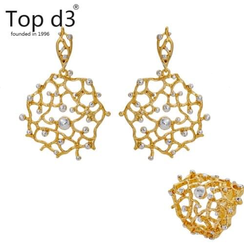 Top D3 Viennois Dubai Geometric Black Gold & Gold Color Earring Set For Women Zricon Design Ring Earrings Party Jewelry 2020