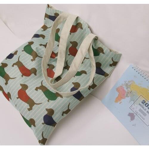 Cute Dogs Printed Linen Cotton Tote Eco Linen Bag Daily Use Reusable Shoulder Bags Dropshipping