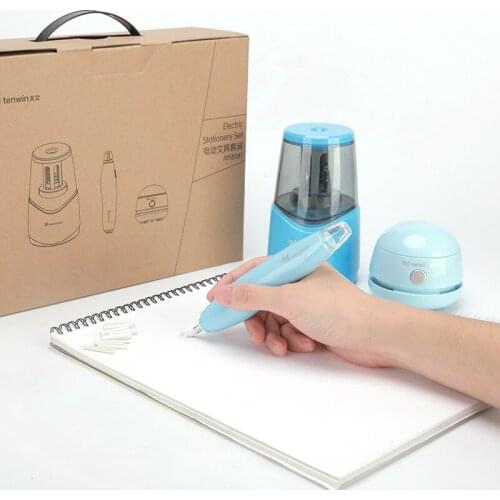 Tenwin Kawaii Electric Pencil Sharpeners Erasers Vacuum Cleaner Stationery Set For Kids Painting Drawing Office School Supplies