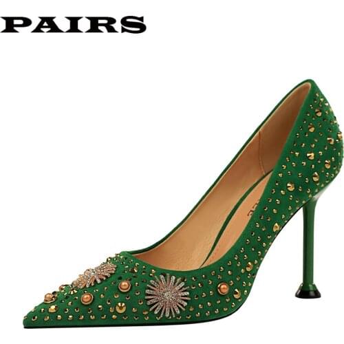 BigTree Brand Designer Pumps Shoes Women High Heels Sexy Stiletto Faux Suede Crystal Metal Decoration rivet Shoes Party Wedding