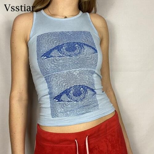 Vsstiar Summer Tie Dye T-Shirt Women 90S Y2K 2021 Fashion Sleeveless Abstract Eye Printed Crop Top Streetwear Sexy Ladies Tees
