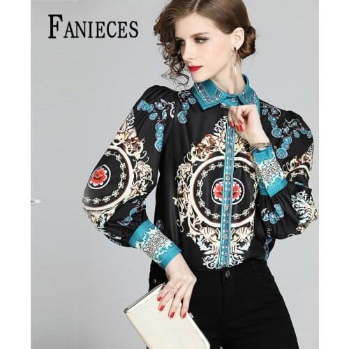 Runway Designer Plus size Blouses Summer autumn Womens Long Sleeve Vintage Flower Crown Print Shirt Fashion Tops dropshipping