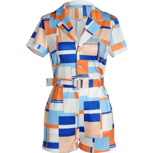 Female Playsuits Color Block Tailored Collar Short Sleeve Romper with Waist Belt for Summer, S/M/L/XL