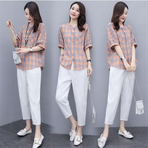 Plaid Co-ord Set 2020 Summer Two Piece Outfits Tracksuits for Women Plus Size Big Pants Suits and Topsportswear Clothing