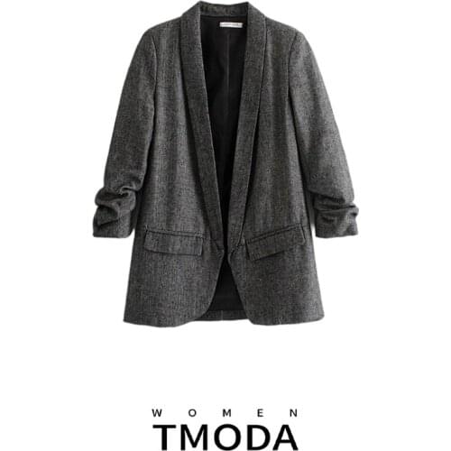 TMODA778 2021 Women Chic Twill Blazer Gathered Three Quarter Sleeve Pockets Office Wear Coat Notched Collar Vintage Outerwear