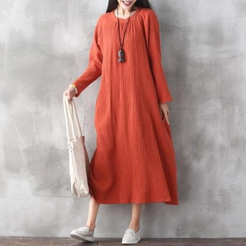 Casual Retro Solid Autumn Dress 2020 Women Elegant Loose Long sleeve Muslim Dress Cotton Linen Long Maxi Dress Plus Size S-6XL