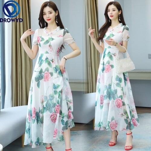 Summer White Floral High Waist V Neck Dress 2021 Chiffon Beach Big Swing Maxi Dresses for Women Fashion Elegant Party Vestidos